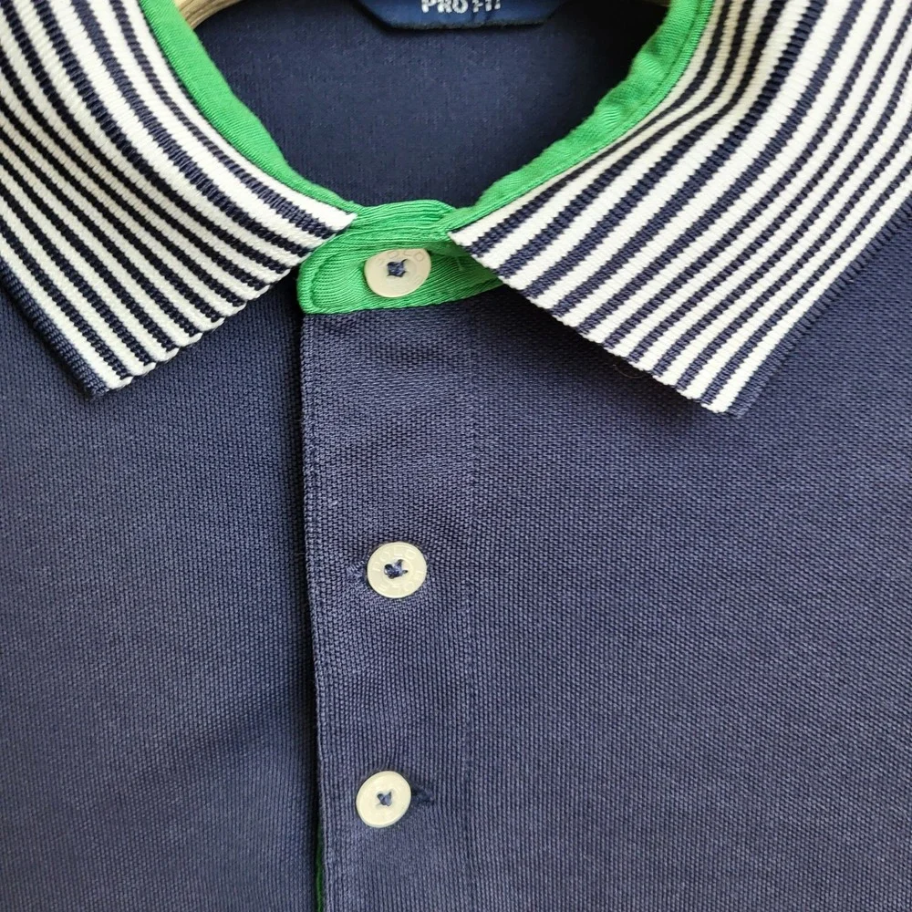 Ralph Lauren Polo Golf Pro Fit  Men's Large Navy Green Striped Collar Polo Shirt